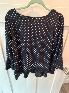 Talbots Polka Dot Blouse Women’s Medium Navy White Ruffle Hem Classic Top